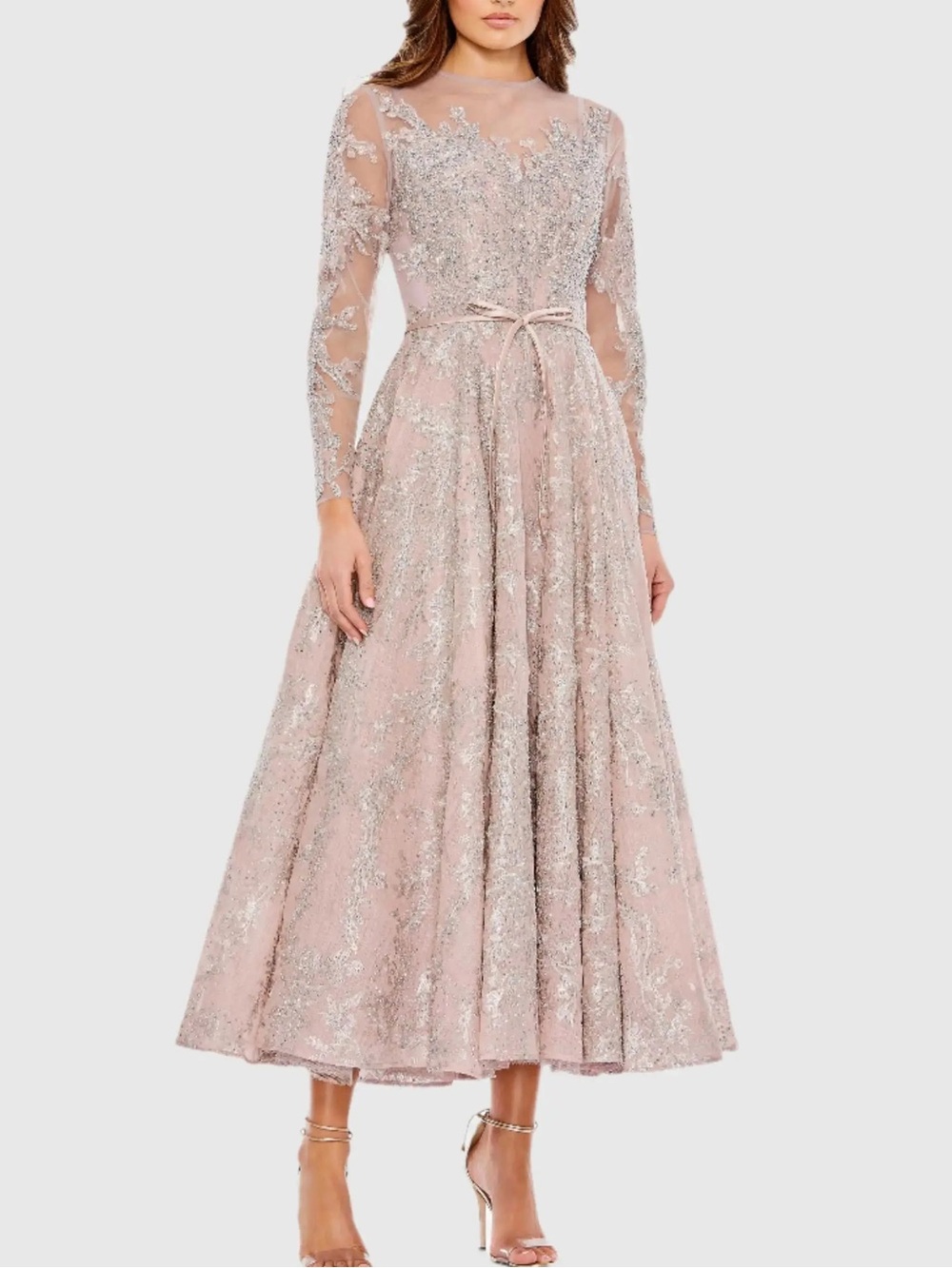 NWT Mac Duggal  Embellished Bow Belt Illusion Long Sleeve Dress 20337 Size 24